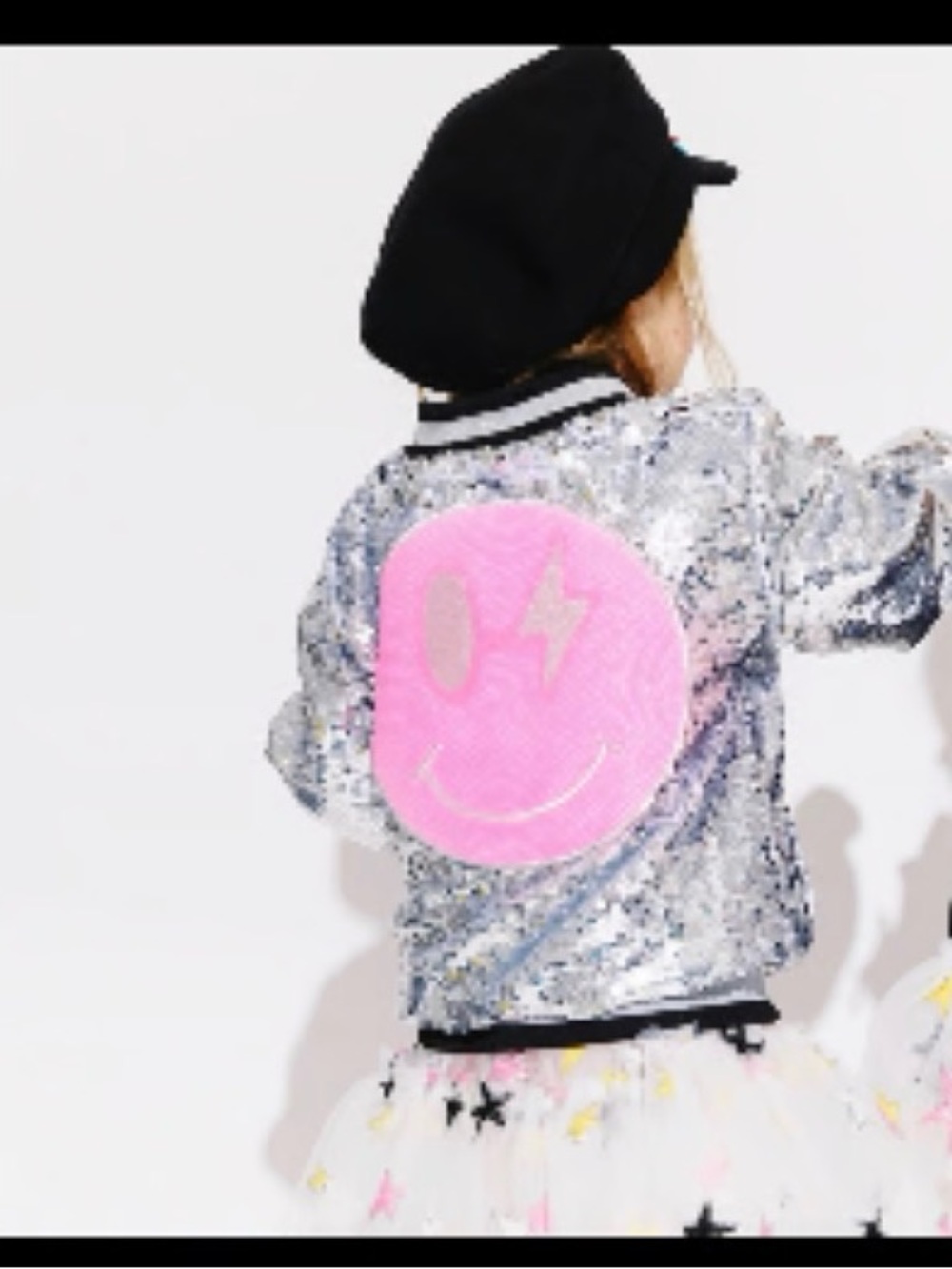 Lola + the boys 
Emoji Sequin Bomber Jacket, Silver And Pink